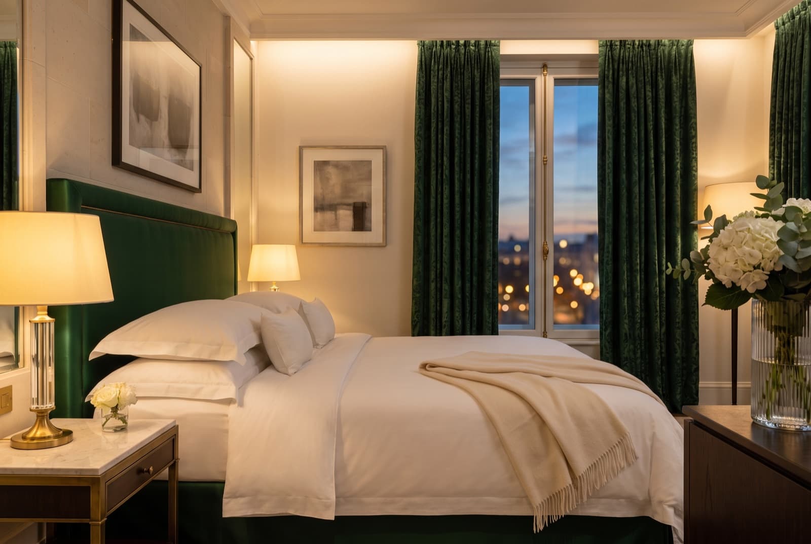Akşam hazırlığı yapılmış otel süiti; keten çarşaf ve pirinç başucu lambası.